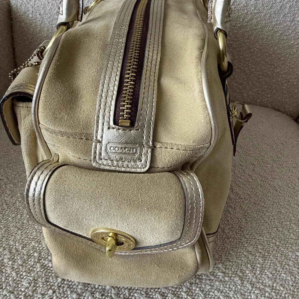 Vintage Coach Beige and Silver Suede Satchel - Picture 7 of 15